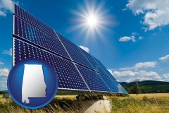 alabama map icon and solar energy panels with photovoltaic cells