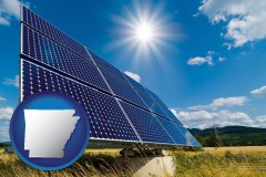 arkansas map icon and solar energy panels with photovoltaic cells
