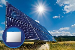 colorado map icon and solar energy panels with photovoltaic cells