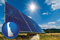delaware map icon and solar energy panels with photovoltaic cells