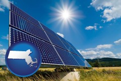massachusetts map icon and solar energy panels with photovoltaic cells