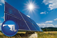 maryland map icon and solar energy panels with photovoltaic cells