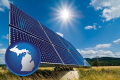 michigan map icon and solar energy panels with photovoltaic cells