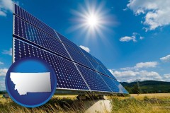 montana map icon and solar energy panels with photovoltaic cells
