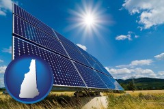 new-hampshire map icon and solar energy panels with photovoltaic cells