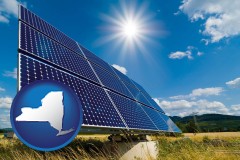 new-york map icon and solar energy panels with photovoltaic cells