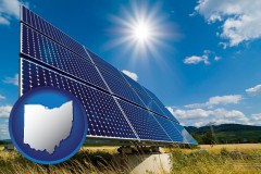 ohio map icon and solar energy panels with photovoltaic cells