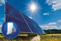 rhode-island map icon and solar energy panels with photovoltaic cells