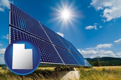 utah map icon and solar energy panels with photovoltaic cells