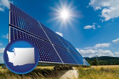 washington map icon and solar energy panels with photovoltaic cells