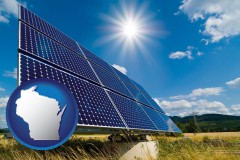 wisconsin map icon and solar energy panels with photovoltaic cells
