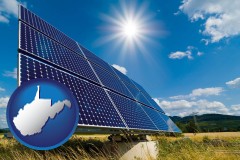 west-virginia map icon and solar energy panels with photovoltaic cells